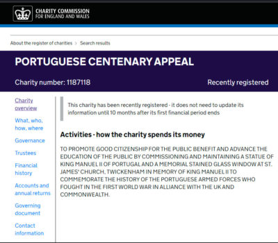 Portuguese Centenary Appeal becomes registered charity in England and Wales