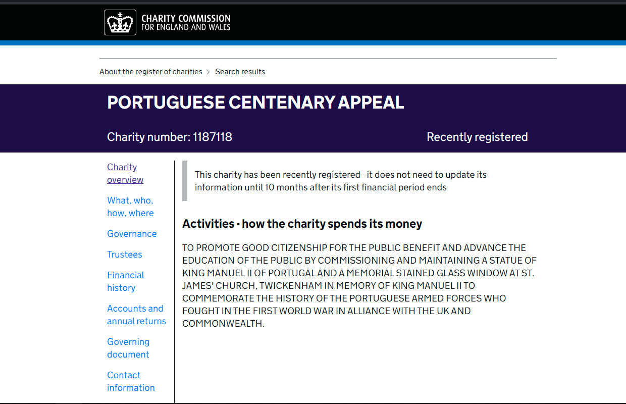 Read more about the article O Apelo do Centenário de Portugal torna-se uma instituição de caridade registada em Inglaterra e no País de Gales